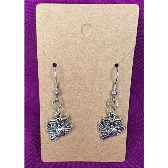 Handmade Silver Dangly Flying Owl Earrings - Picture 1 of 3